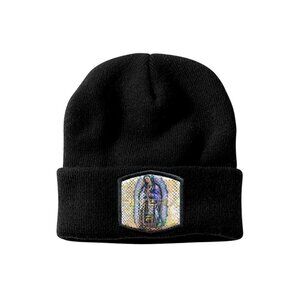 Y Winter Knit Beanie, Virgen de Guadalupe Embroidered Patch, Shiny Metallic Cap